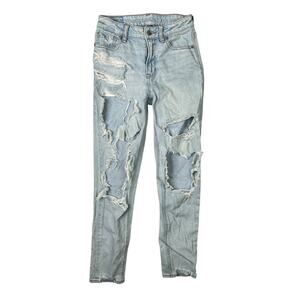 American Eagle AE Mom Jean Destroyed Ripped Denim Tapered Mid Rise Light Wash 00